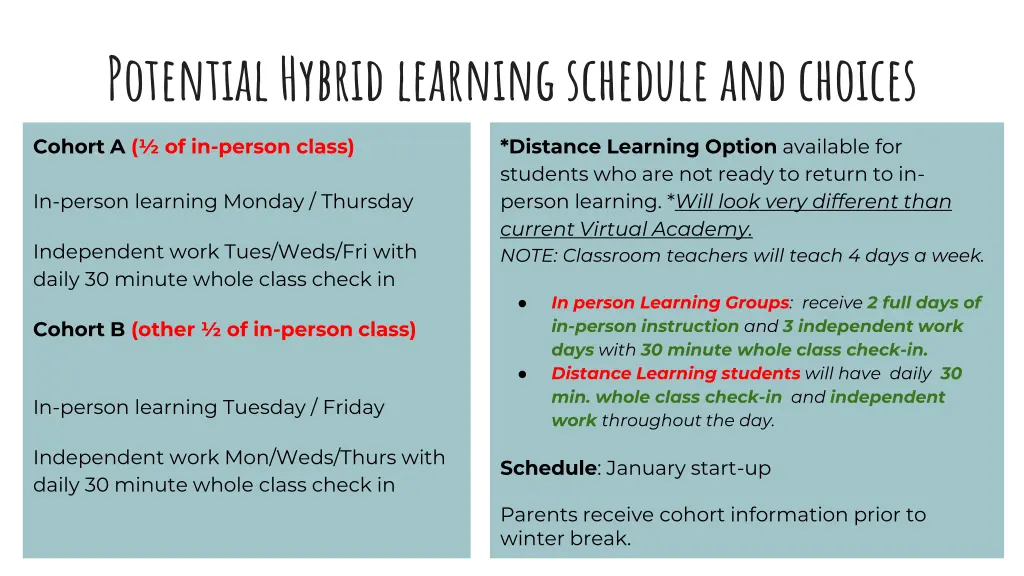potential hybrid learning schedule and choices