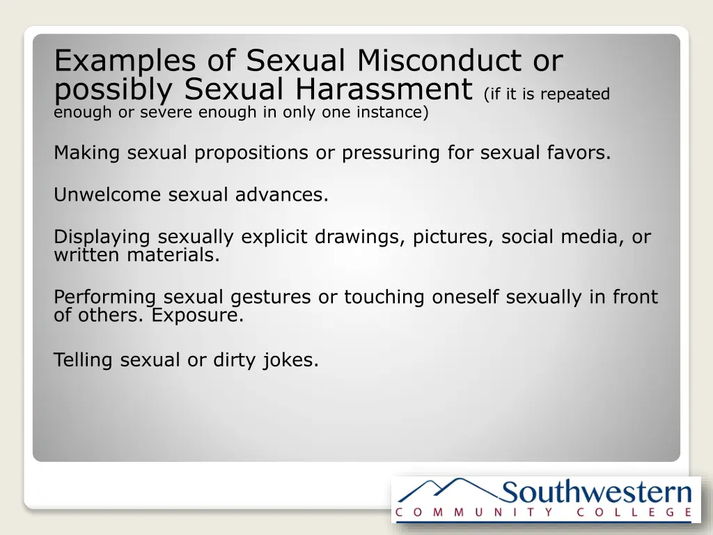 examples of sexual misconduct or possibly sexual 1