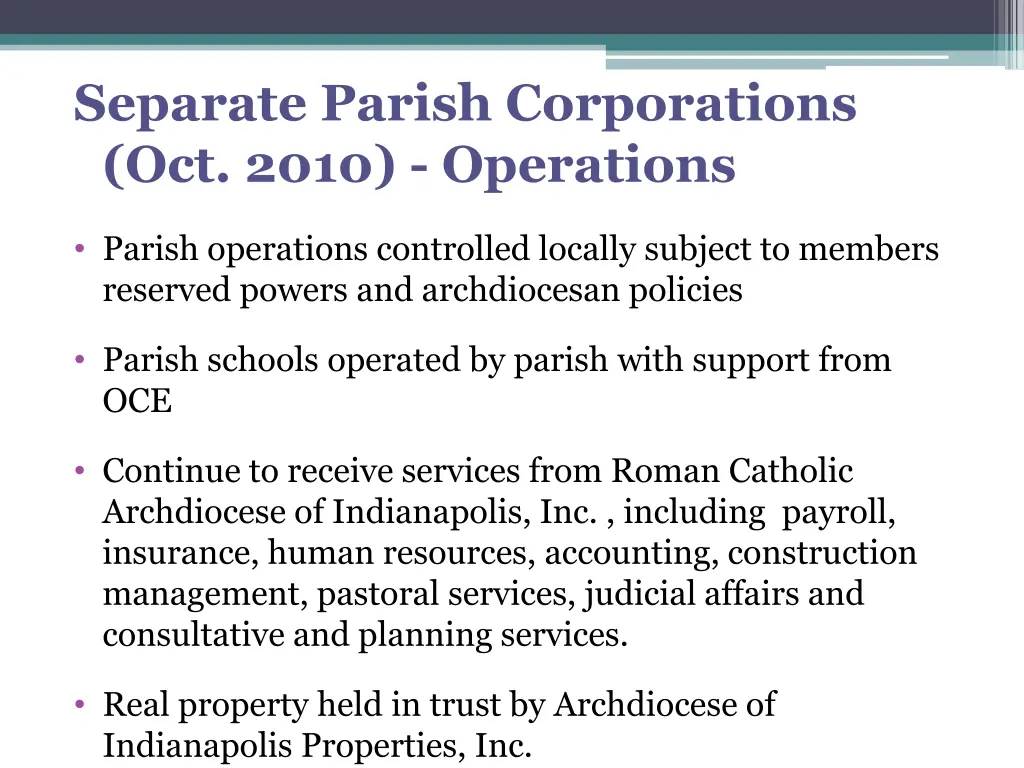 separate parish corporations oct 2010 operations