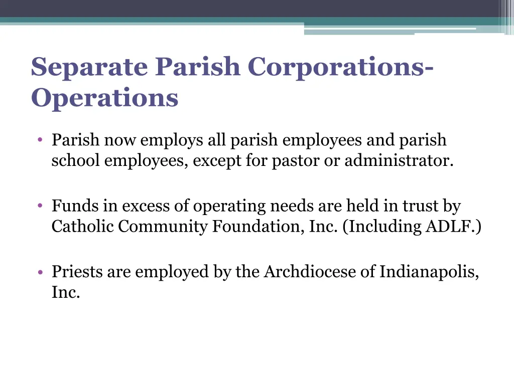 separate parish corporations operations