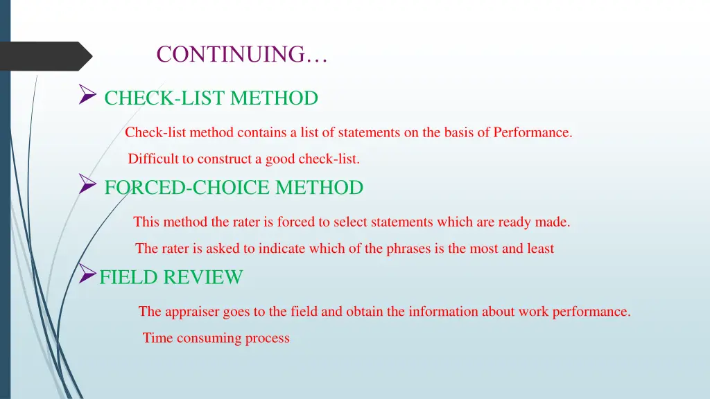 continuing check list method check list method