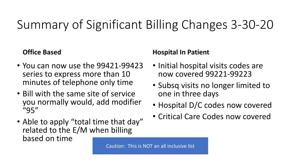 summary of significant billing changes 3 30 20