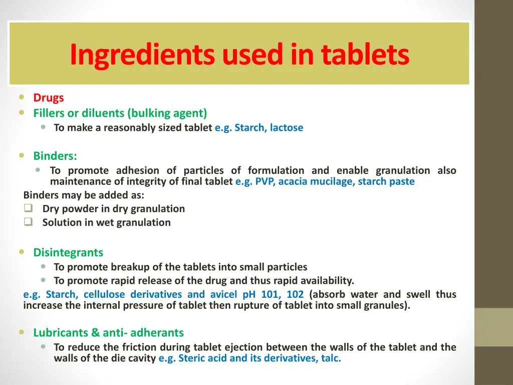 ingredients used in tablets