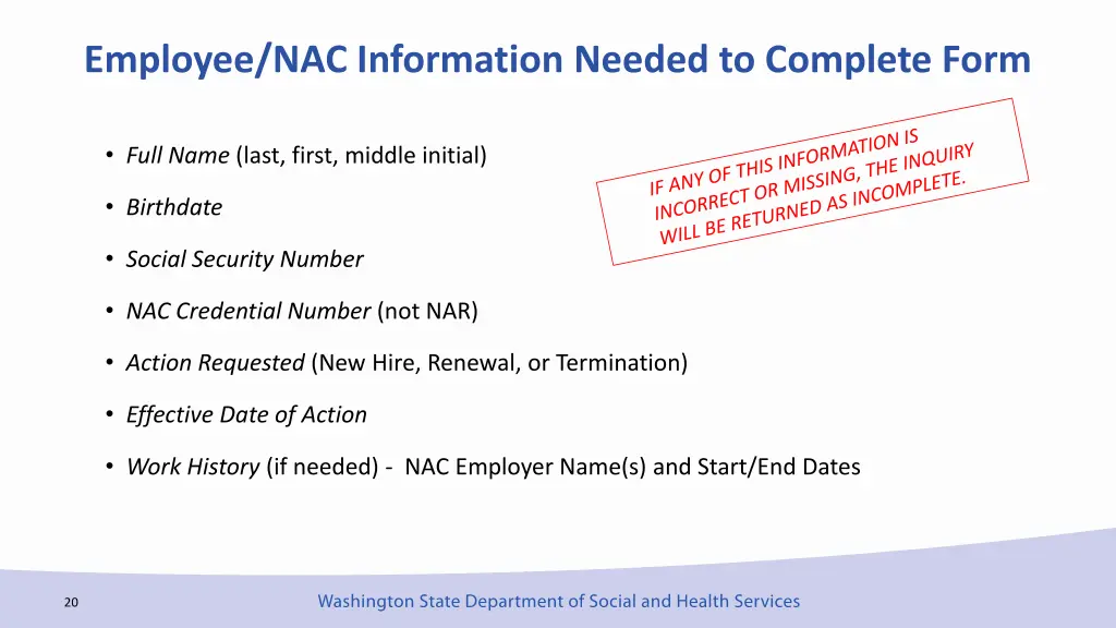 employee nac information needed to complete form