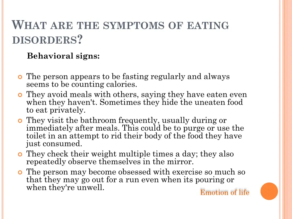 w hat are the symptoms of eating disorders