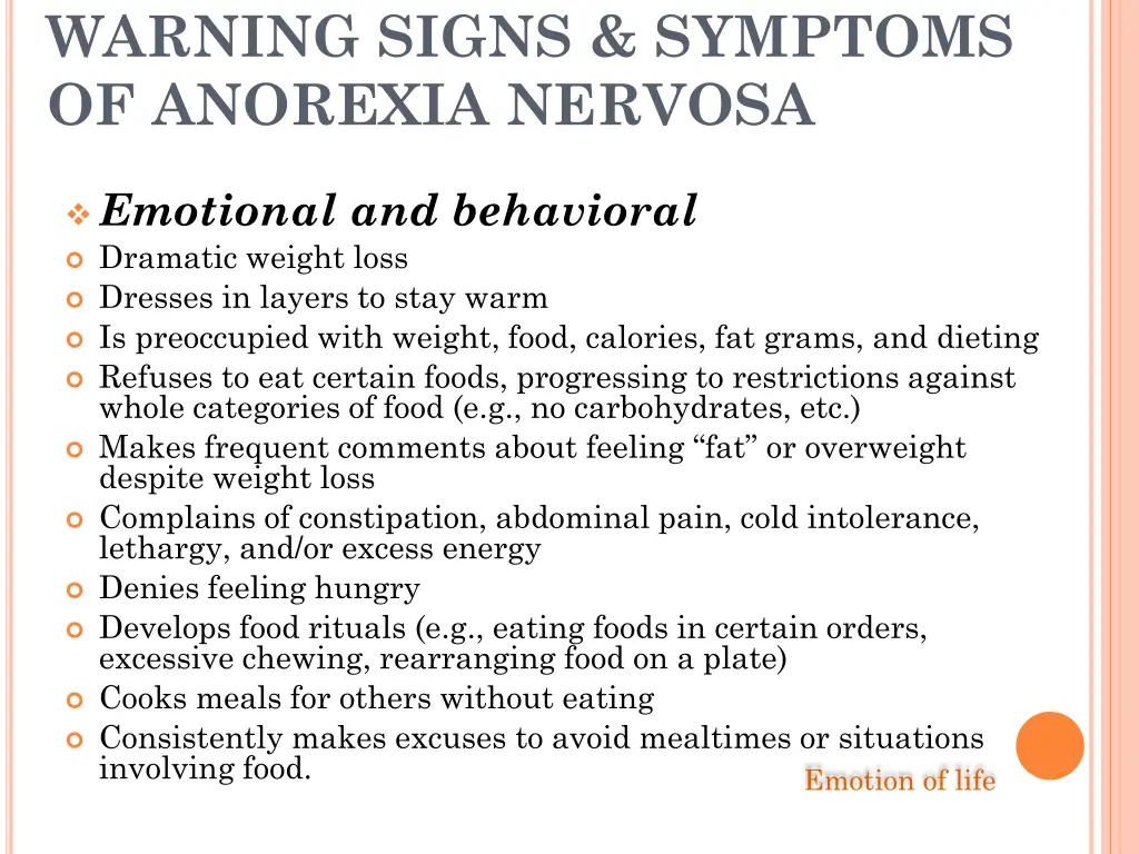 warning signs symptoms of anorexia nervosa