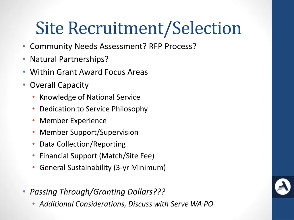 site recruitment selection community needs