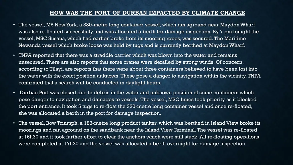 how was the port of durban impacted by climate