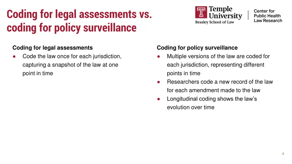 coding for legal assessments vs coding for policy