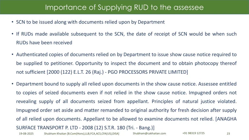 importance of supplying rud to the assessee