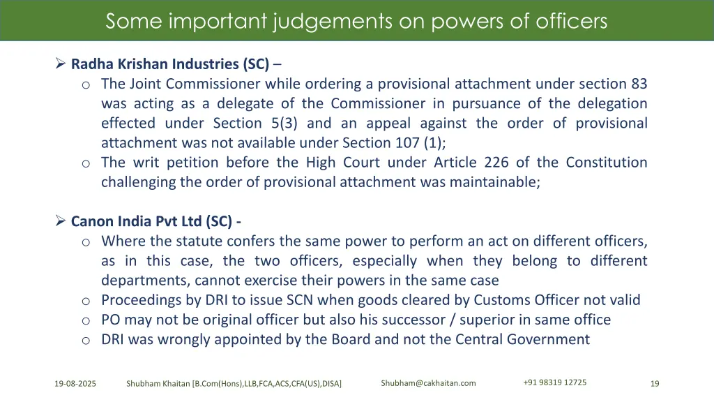 some important judgements on powers of officers