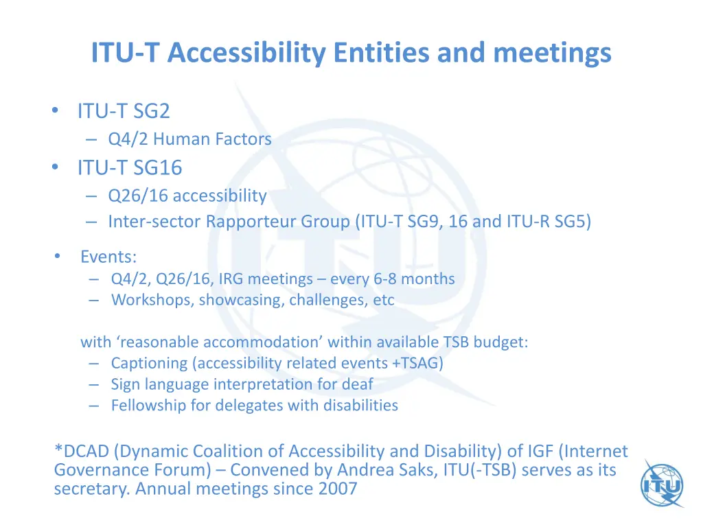 itu t accessibility entities and meetings