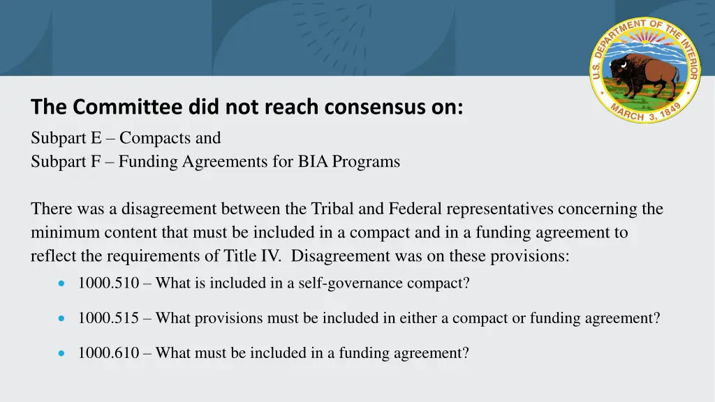the committee did not reach consensus on subpart