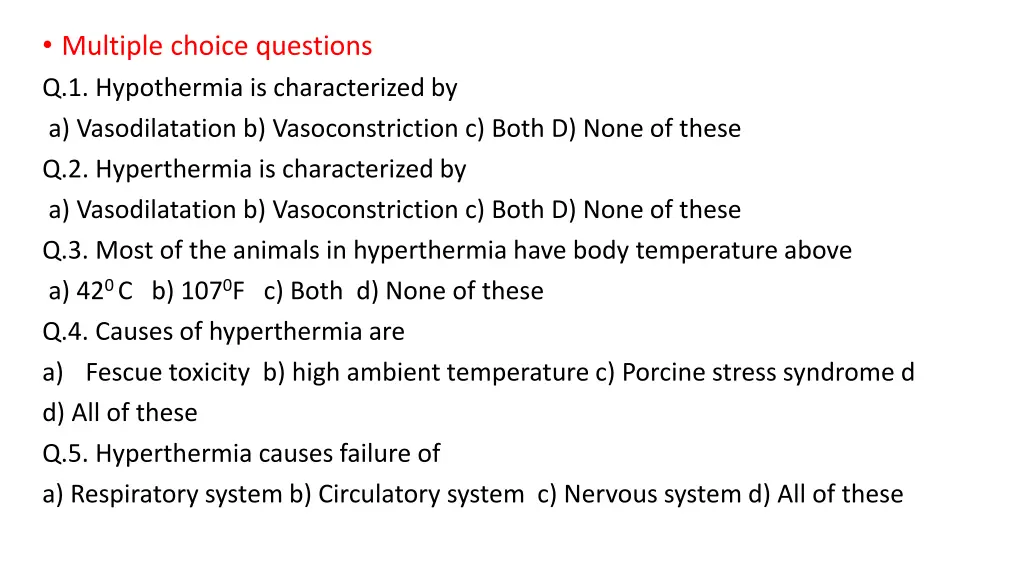 multiple choice questions q 1 hypothermia