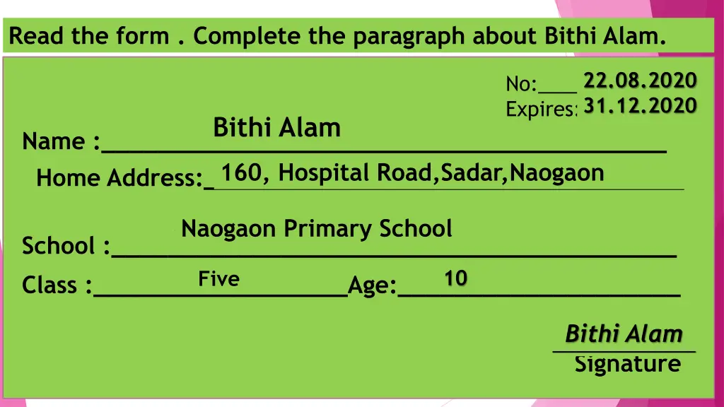 read the form complete the paragraph about bithi