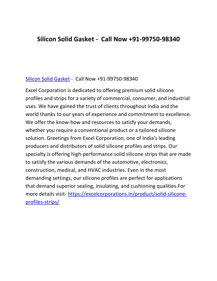silicon solid gasket call now 91 99750 98340