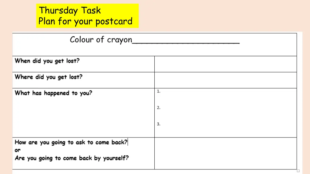 thursday task plan for your postcard