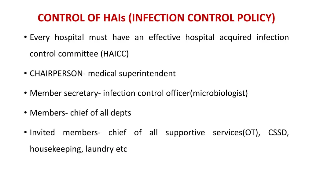 control of hais infection control policy