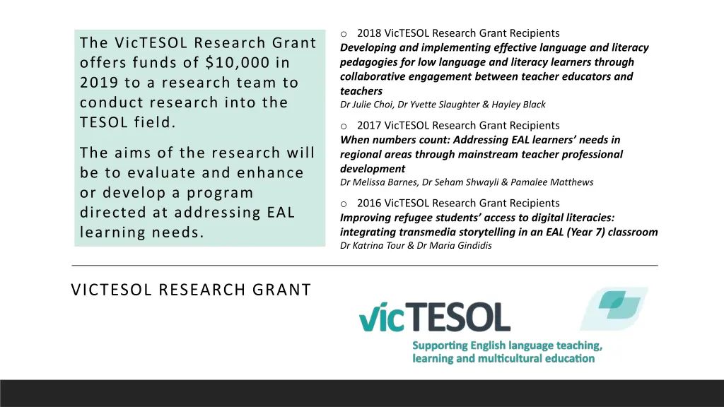 o 2018 victesol research grant recipients
