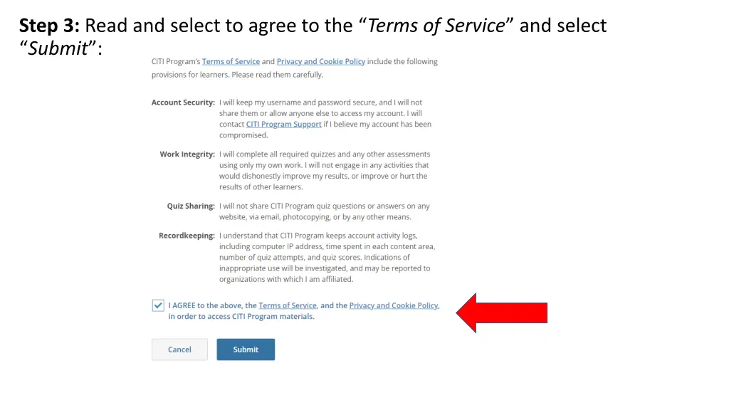step 3 read and select to agree to the terms