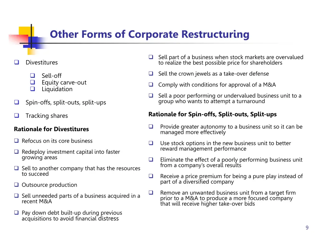other forms of corporate restructuring