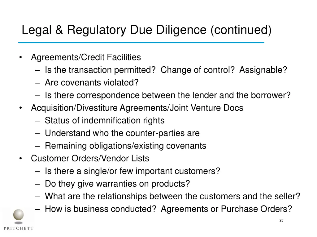 legal regulatory due diligence continued