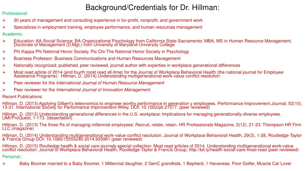 background credentials for dr hillman