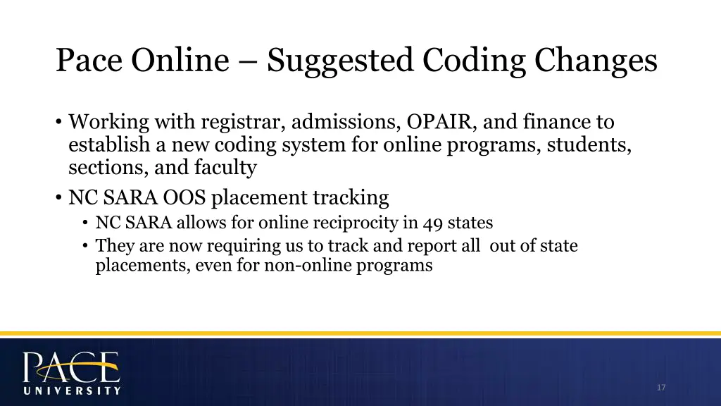 pace online suggested coding changes