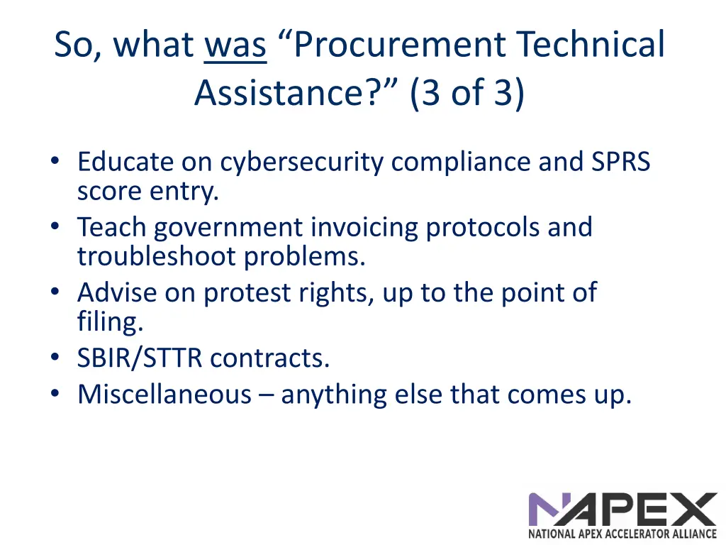 so what was procurement technical assistance 2