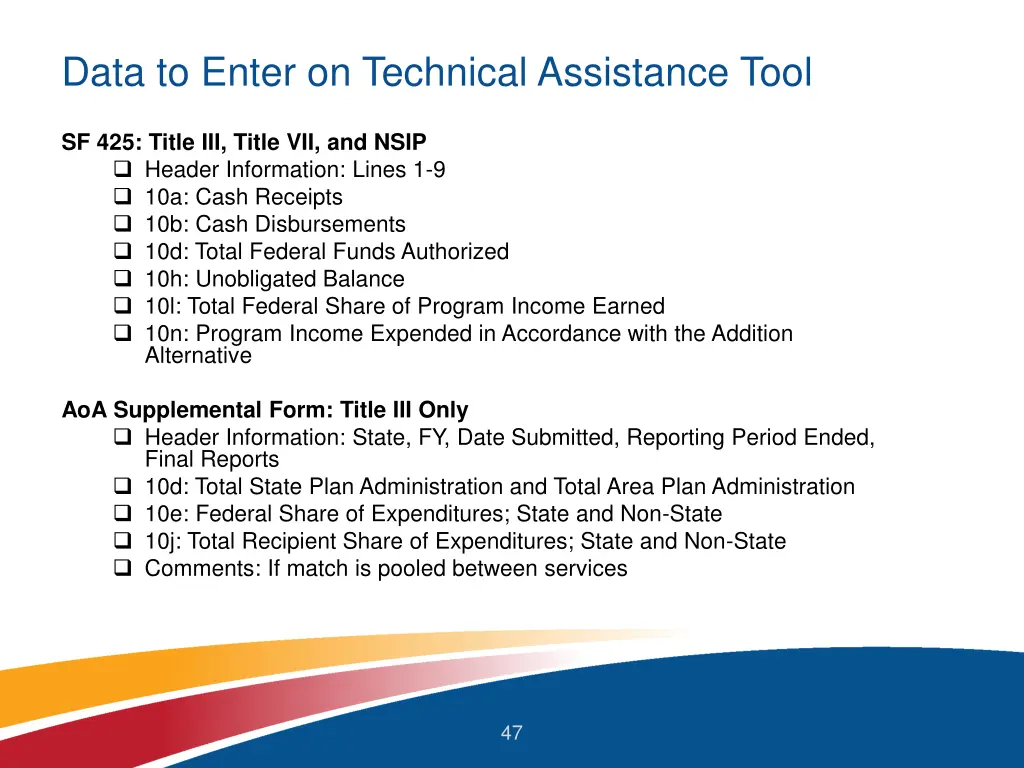 data to enter on technical assistance tool