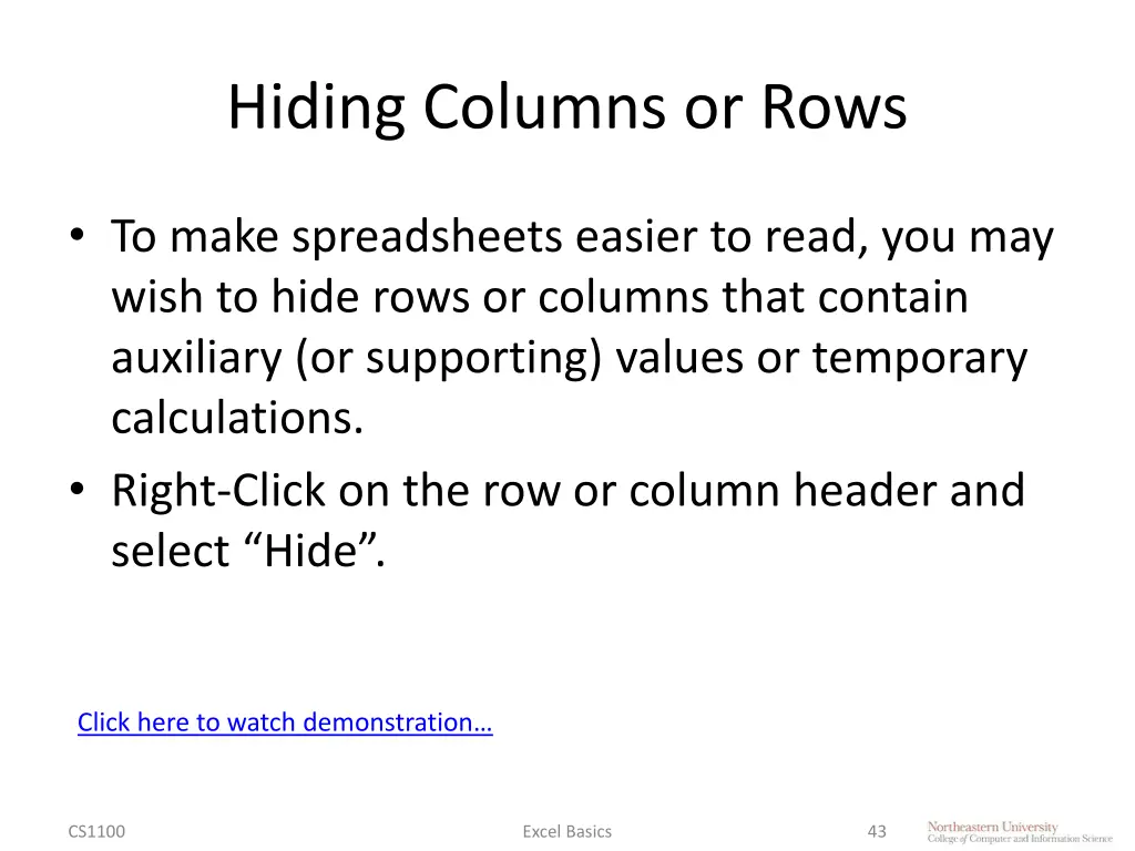hiding columns or rows