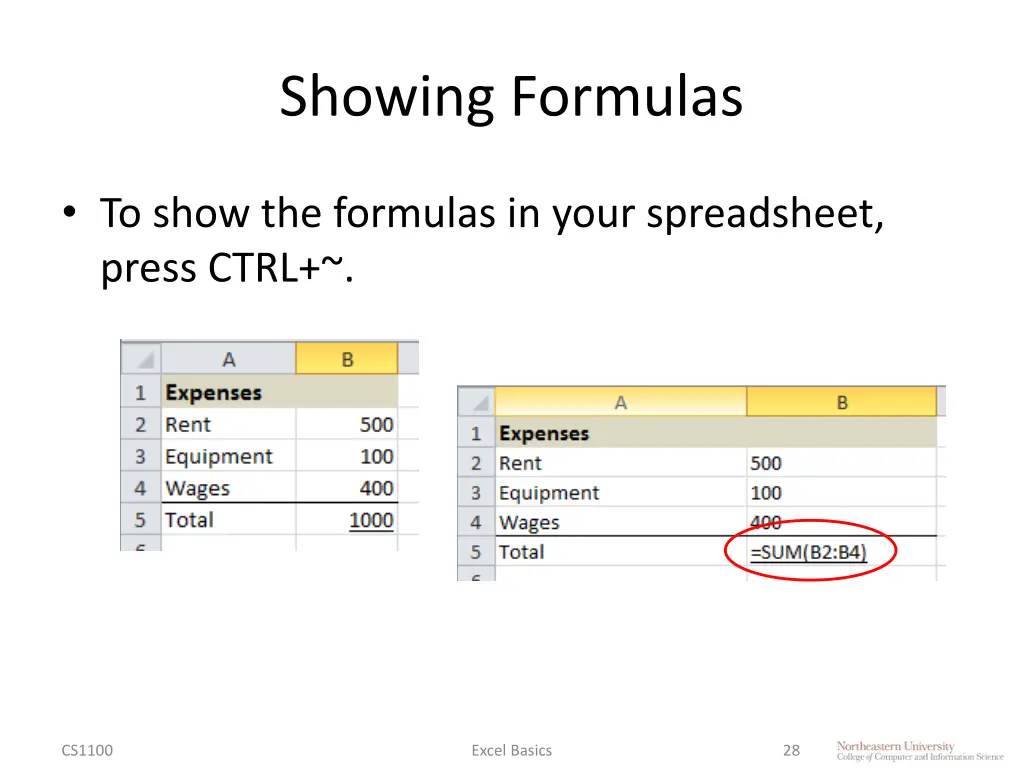 showing formulas
