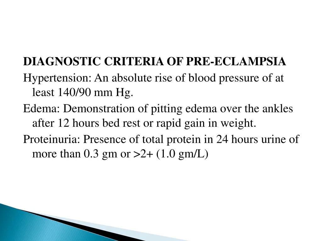 diagnostic criteria of pre eclampsia hypertension
