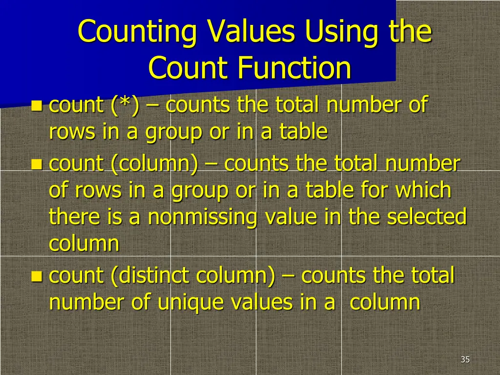 counting values using the count function count
