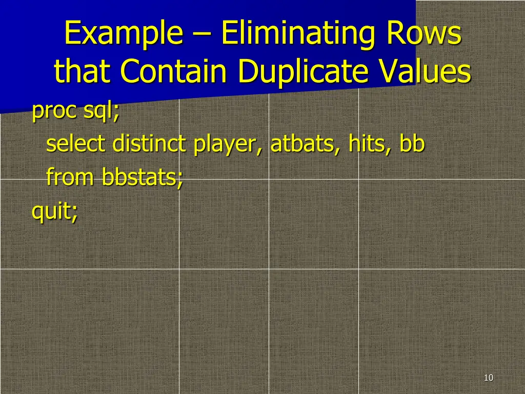 example eliminating rows that contain duplicate 1
