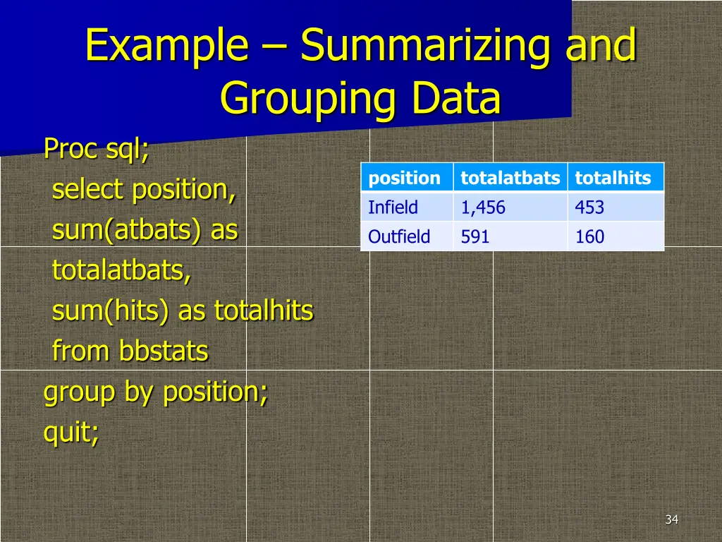 example summarizing and grouping data proc