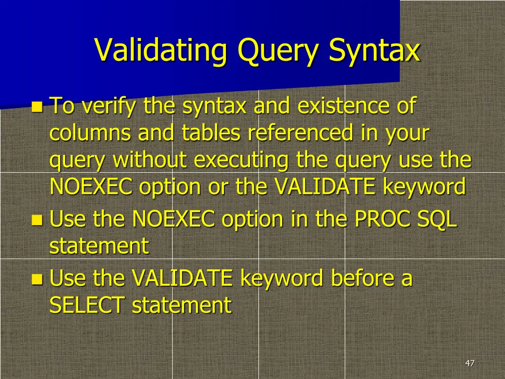 validating query syntax