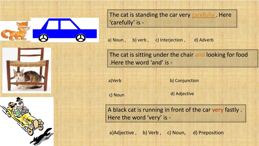 the cat is standing the car very carefully here
