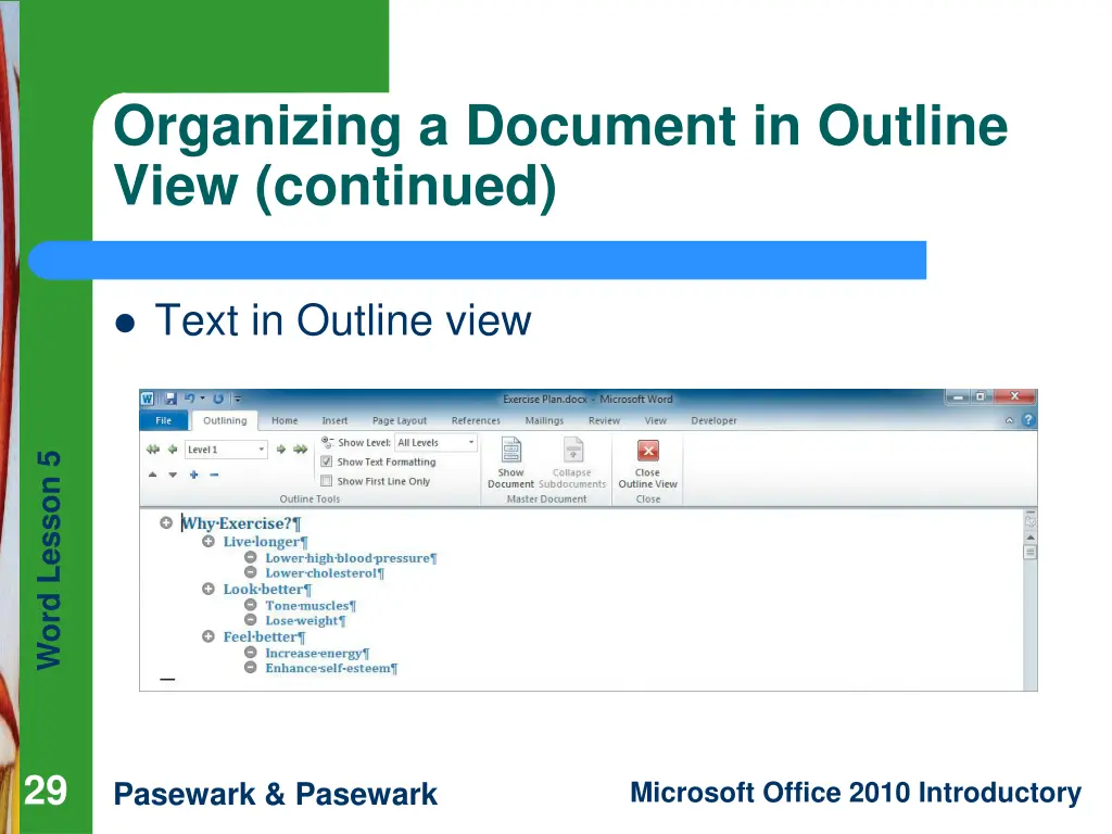 organizing a document in outline view continued