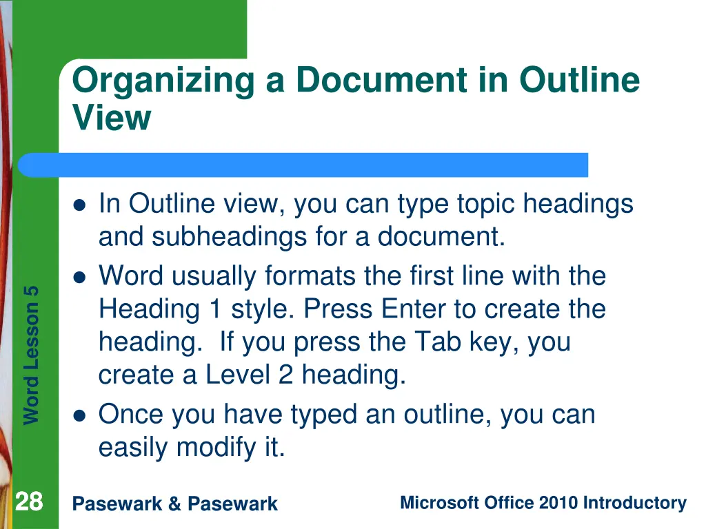 organizing a document in outline view