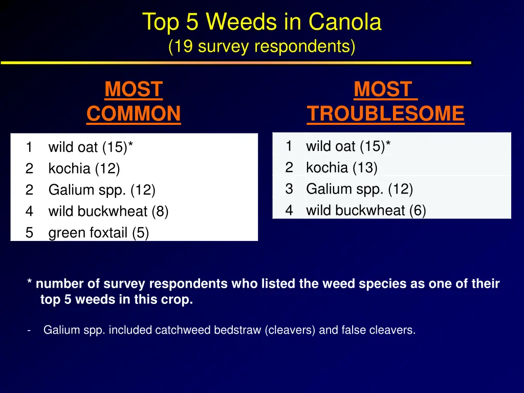 top 5 weeds in canola 19 survey respondents