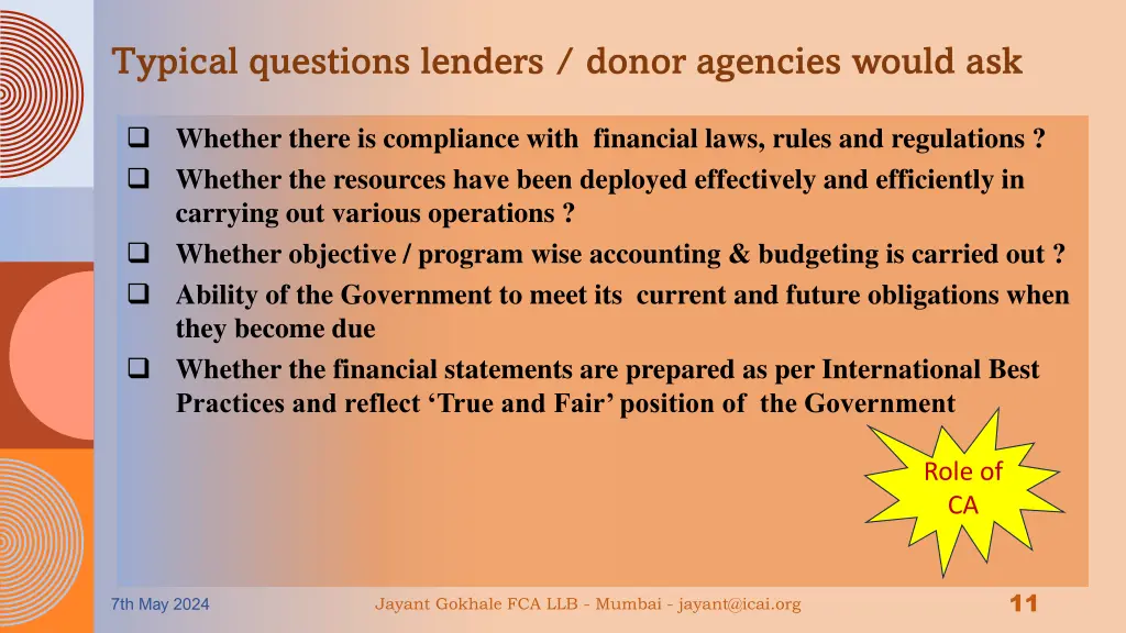 typical questions lenders donor agencies would ask