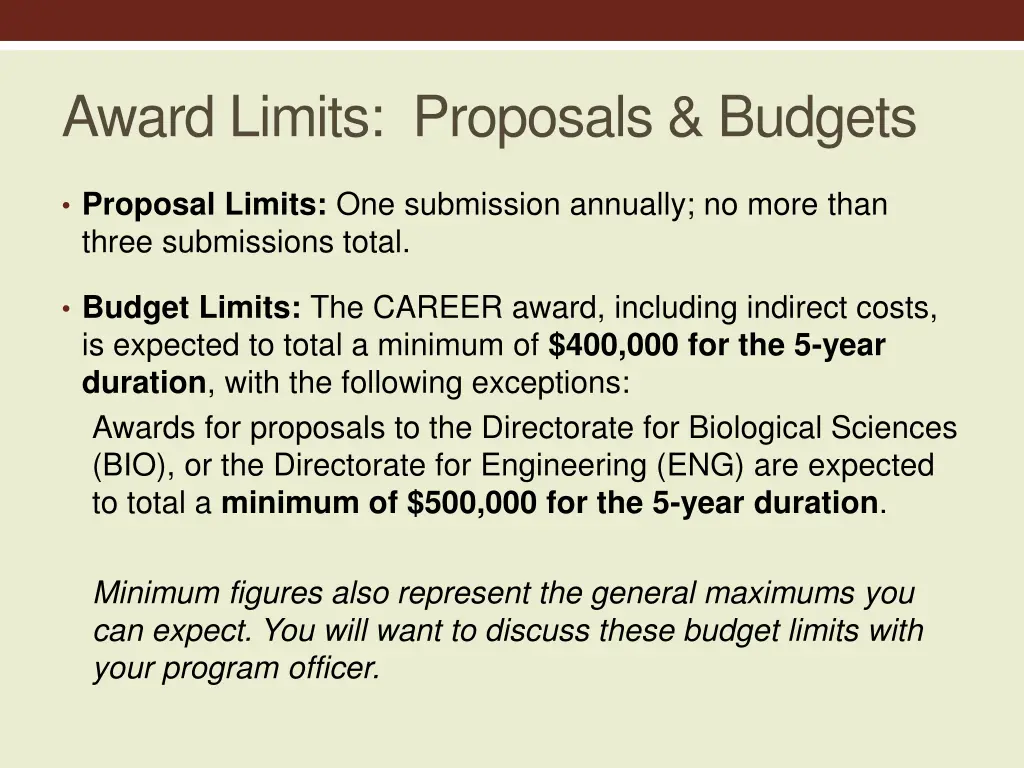 award limits proposals budgets