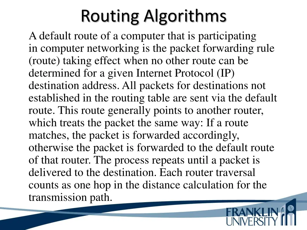 routing algorithms adefault route of a computer