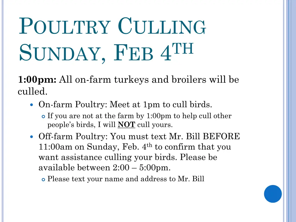 p oultry c ulling s unday f eb 4 th