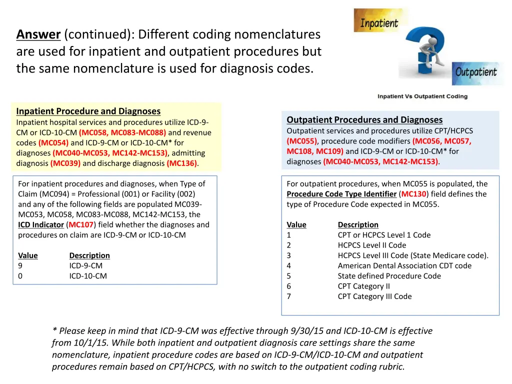 answer continued different coding nomenclatures