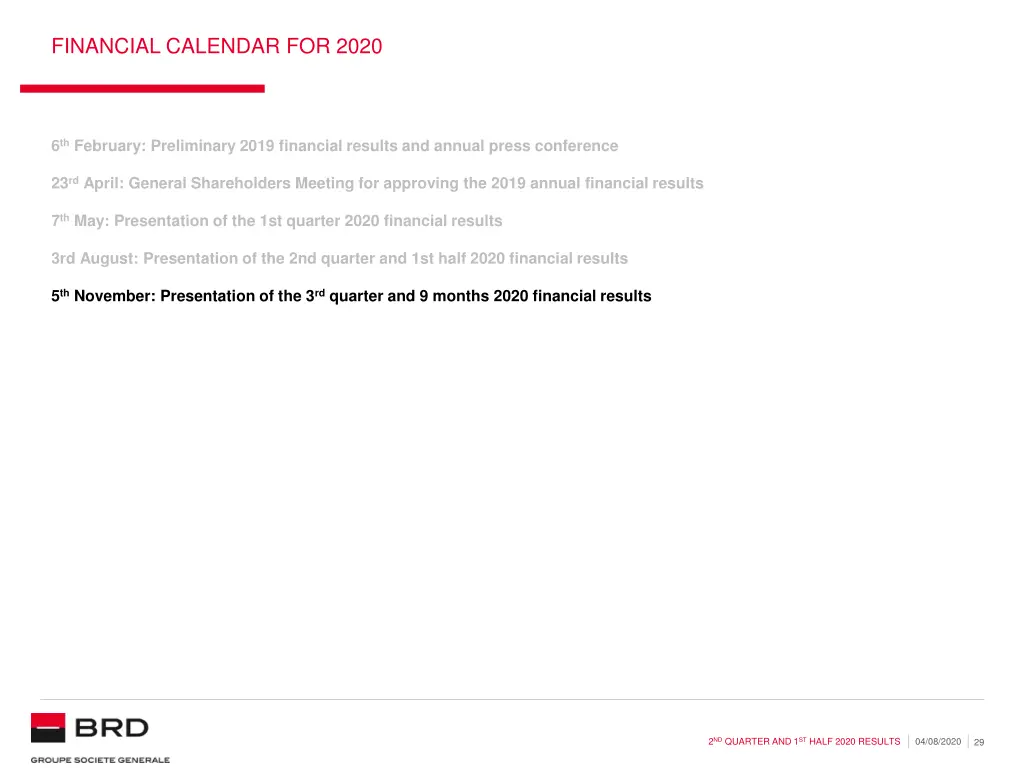 financial calendar for 2020