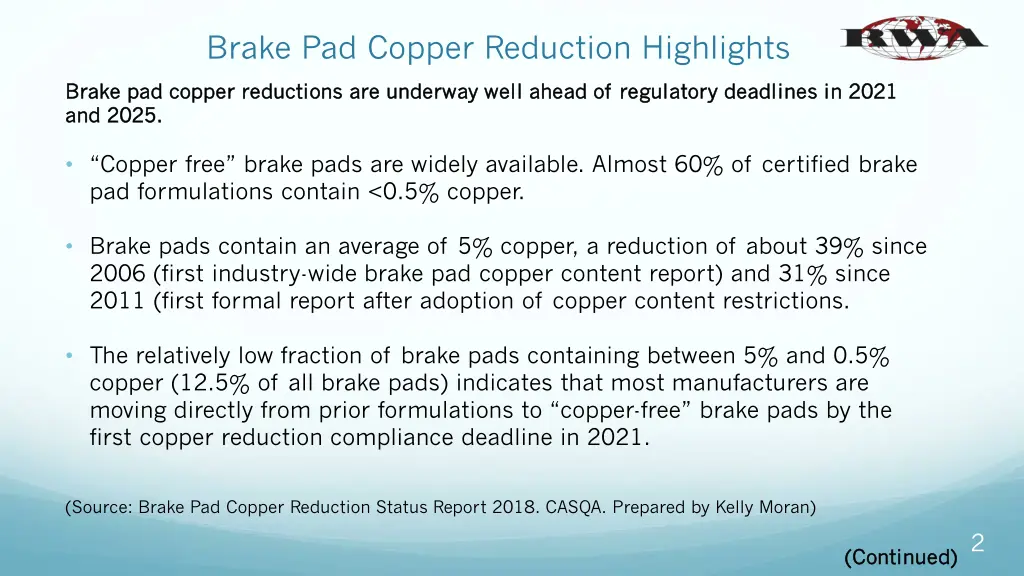 brake pad copper reduction highlights