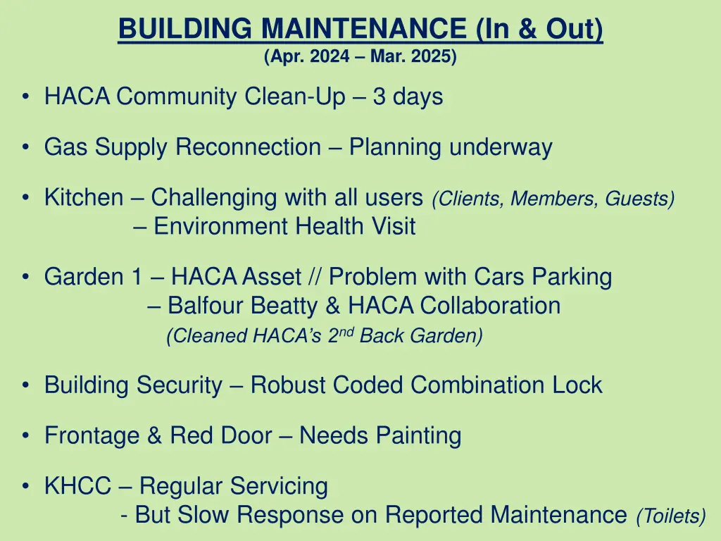 building maintenance in out apr 2024 mar 2025