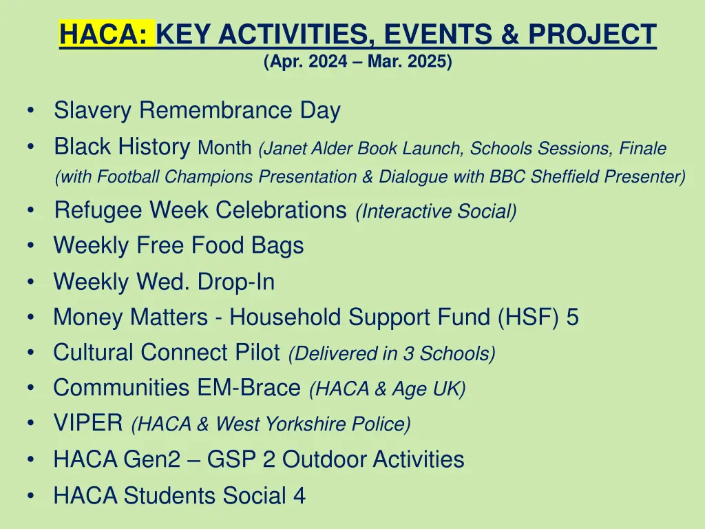 haca key activities events project apr 2024